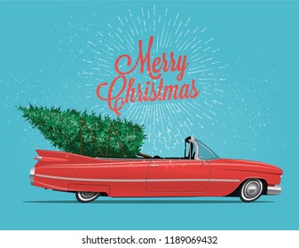 Cartoon styled side view vintage red cabriolet car with Christmas Tree on board. Vintage styled vector illustration for your poster, flyer or postcard or invitation for your event.