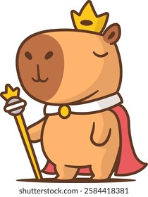 A cartoon styled vector of a capybara dressed as a king, wearing a golden crown and red cape and holding scepter. 