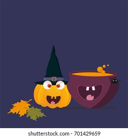Cartoon styled  Vector illustration: happy Witch Cauldron with Magic Boiling Soup or potion mascot and Halloween Pumpkin or Squash. Place or Space for text or copy. Great for Halloween Sale or Party.