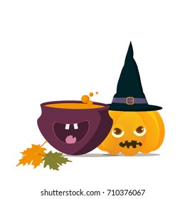 Cartoon styled  Vector illustration: happy Witch Cauldron with Magic Boiling Soup or potion mascot and Halloween Pumpkin or Squash. Place or Space for text or copy. Great for Halloween Sale or Party.