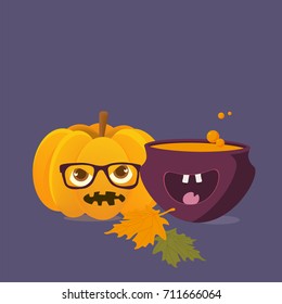 Cartoon styled  Vector illustration: happy Witch Cauldron with Magic Boiling Soup or potion mascot and Halloween Pumpkin with hipster eyeglasses on and maple leaves. Place or Space for text or copy. 