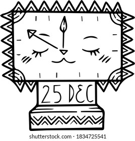 Cartoon style.December 25. Cute Christmas clock.Single design element. Clipart. Children's coloring. Line art, contour. Christmas theme, New Year, Winter. Scandinavian. Isolated on a white background.