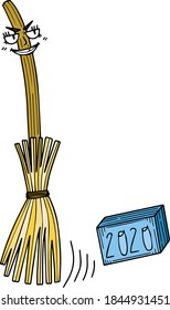 Cartoon style.Humor.The broom sweeps away 2020.Single design element.Christmas theme, New Year,Winter.Scandinavian.Isolated on a white background.Clipart.Postcard,sticker,advertising. Pastel colors.