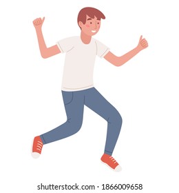 cartoon stylevector illustration, character isolated on white background. smiling teenager jumping in joy. happy teen laughing, leaping, hopping. boy student rejoice and glad, celebrates, walk on air