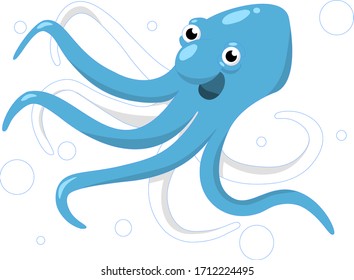 Cartoon stylised illustration of blue and white happy octopus with some big and small bulbs around