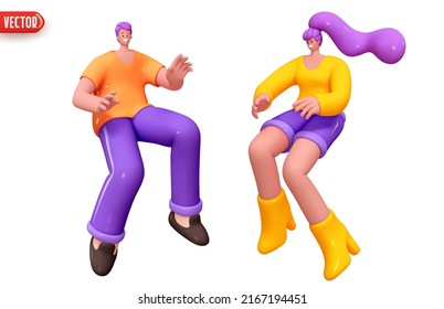 Cartoon stylish character man and girl. Couple of young people woman and man. Set of happy people positive emotions. Human happiness smile on face. Realistic 3d design element. vector illustration