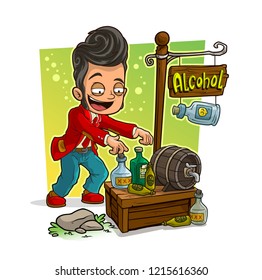Cartoon stylish disco dancer character in red jacket and alcohol vendor booth or shop market with text sign. Vector icon for game.