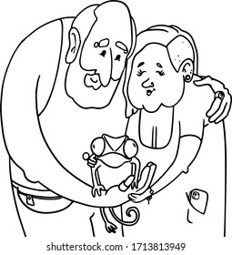 Cartoon stylish grandparents with tattoos. Family portrait of an old hipster couple with chameleon pet. Vector coloring book page.