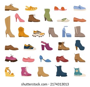 Cartoon Stylish Male And Female Footwear, Casual Shoes And Boots. Trendy Sneakers, Clogs, Women's Heels And Sandals Vector Symbols Illustrations Set. Footwear Collection