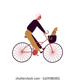 Cartoon Stylish Male Riding On Bike With Cat Sitting In Basket Vector Flat Illustration. Trendy Man On Bicycle With Pet Animal Isolated On White. Active Pedaling Guy Bicyclist