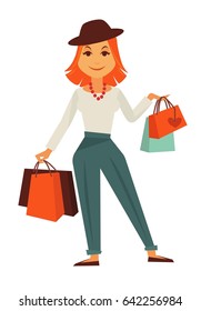 Cartoon stylish redhead female character with shopping bags