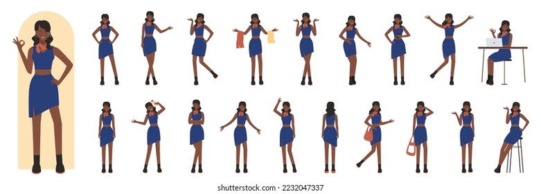 Cartoon stylish redhead woman fashionable trendy black clothes, model posing, standing and showing various gestures collection isolated. Young african american black girl poses vector illustration set