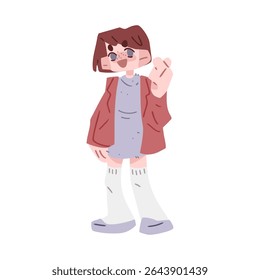Cartoon Elegante Personagem Adolescente Pose. Ilustração de desenho animado plano de uma menina adolescente sorridente em uma jaqueta vermelha e vestido de lavanda fazendo um gesto de dedo do coração. Cores pastel macias, isoladas sobre fundo branco
