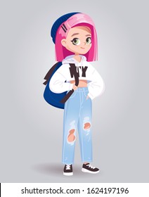 Cartoon stylish teenage girl in jeans with pink hair and backpack standing. Young school girl character. Isolated vector illustration on color background.