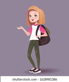 Cartoon stylish teenage girl in jeans with pink hair and backpack standing. Young school girl character. Isolated vector illustration on color background.