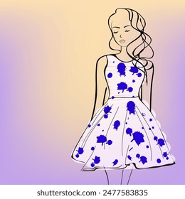 Cartoon Stylish Woman Wearing Splatter Dress in Standing Pose on Shiny Gradient Purple and Yellow Backgorund.