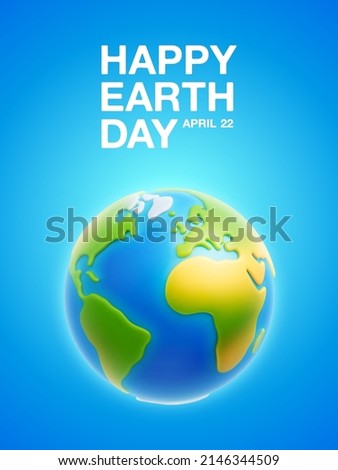 Cartoon stylized 3d planet Earth with simple physical surface texture on blue background. Happy Earth Day conceptual background. International Mother Earth Day banner or poster. Vector illustration