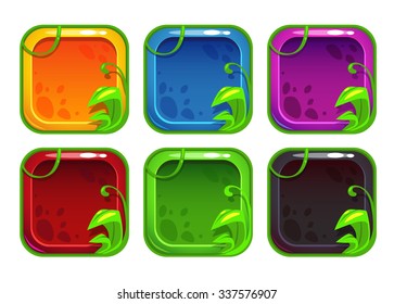 Cartoon stylized app icons with nature elements, vector square colorful frames