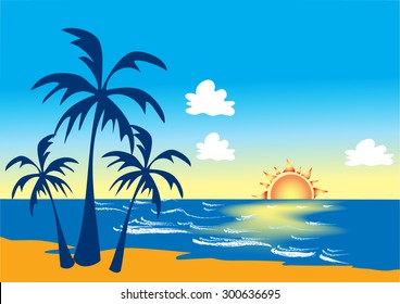 Cartoon Stylized Beach Scene Palm Trees Stock Vector (Royalty Free ...