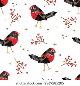 Cartoon stylized bird and twigs with red berries.Colorful seamless pattern with cute character and plant element.Festive background for printing on fabric and paper.Vector hand drawn illustration.