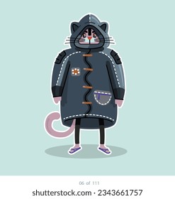 Cartoon stylized cat character. Set of 111 units. Number 6. 2d animation, printing, pets, stickers, digital art. Conceptual toys.