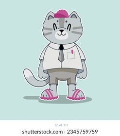 Cartoon stylized cat character. Set of 111 units. Number 12. 2d animation, printing, pets, stickers, digital art. Conceptual toys.