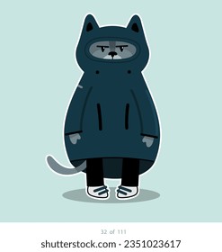 Cartoon stylized cat character. Set of 111 units. Number 32. 2d animation, printing, pets, stickers, digital art. Conceptual toys.