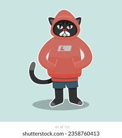 Cartoon stylized cat character. Set of 111 units. Number 61. 2d animation, printing, pets, stickers, digital art. Conceptual toys.