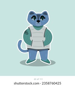 Cartoon stylized cat character. Set of 111 units. Number 63. 2d animation, printing, pets, stickers, digital art. Conceptual toys.