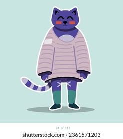 Cartoon stylized cat character. Set of 111 units. Number 74. 2d animation, printing, pets, stickers, digital art. Conceptual toys.
