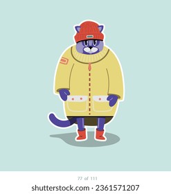 Cartoon stylized cat character. Set of 111 units. Number 77. 2d animation, printing, pets, stickers, digital art. Conceptual toys.