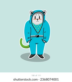 Cartoon stylized cat character. Set of 111 units. Number 108. 2d animation, printing, pets, stickers, digital art. Conceptual toys.