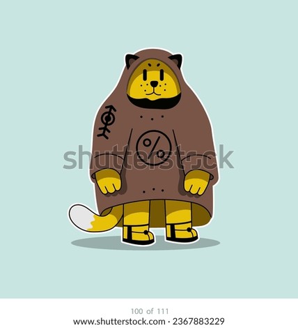 Cartoon stylized cat character. Set of 111 units. Number 100. 2d animation, printing, pets, stickers, digital art. Conceptual toys.