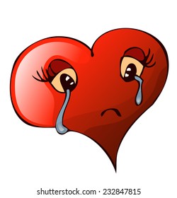 Cartoon Stylized Crying Sad Heart, Vector Illustration isolated on White Background, Outlines and Color available on separate Layers. 