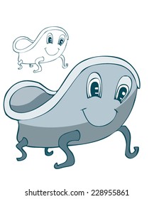 Cartoon Stylized Cute Bath Tub, equipped with exaggerated human features, vector illustration, isolated on White Background. Outline Version also included on separated editable layer. 