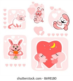 Cartoon stylized enamored pair, rabbits, cats and hearts on a white background.