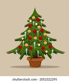 Cartoon stylized fir with toys. Christmas tree decorated pile balls, icecle and garland. Spruce in pot. Merry christmas and happy new year