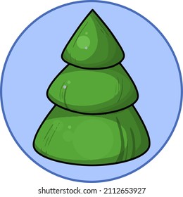 Cartoon stylized green Christmas tree, on a round blue background, design element, badge, emblem, Vector illustration