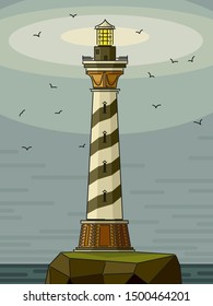 Cartoon stylized illustrations of misty lighthouse on rock island with seagulls.