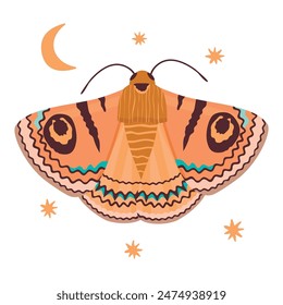 Cartoon stylized moth isolated on white background.Flying magic insect with colorful ornament.Mystic symbol and alchemical sign.Design for boho poster,card,t shirt print,sticker.Vector illustration.
