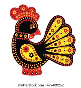 Cartoon stylized rooster Chinese style with colorfull ornament. Symbol 2017.
