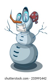 Cartoon Stylized Snowman with a Grin on its Face, Vector Illustration isolated on White Background. 
