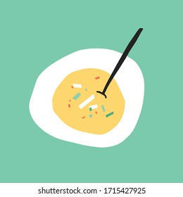 Cartoon stylized soup plate flat illustration. Simple vector food illustration. Above view