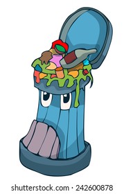Cartoon Stylized Trash Can full of Garbage and Miscellaneous waste Material, Vector Illustration isolated on White Background. 