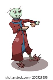 Cartoon Stylized Vampire Drinking Coffee in his favorite Bunny Slippers, Vector Illustration isolated on White Background, outlines available on separated Layer. 