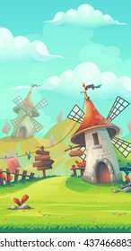 Cartoon stylized vector illustration on the theme of the European landscape with a windmill mobile format. For print, create videos or web graphic design, user interface, card, poster.