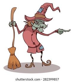 Cartoon Stylized Witch with a Broom pointing in a Random Direction with her Hand, Vector Illustration. 