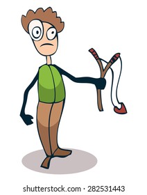 Cartoon Stylized Young Boy with a Slingshot, ready to shoot at something or someone. Vector Illustration isolated on a White Background.