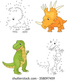 Cartoon styracosaurus and tyrannosaur. Dot to dot educational game for kids. Vector illustration