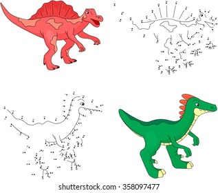 Cartoon styracosaurus and tyrannosaur. Dot to dot educational game for kids. Vector illustration